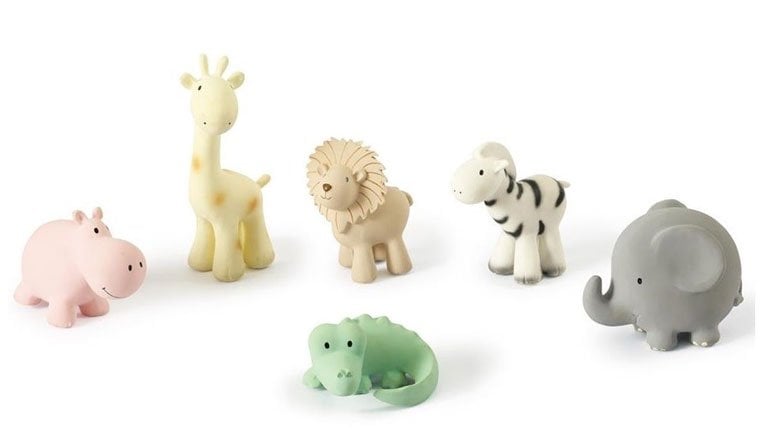 Zoodiertjes set, alle diertjes, Tikiri, Natuurrubber, Hevea Dino Baby Natuurrubber