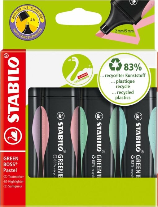 Greenboss pastel set, GREEN BOSS, duurzaam, markeerstift, neon markeerstift, stabilo, wonderzolder.nl