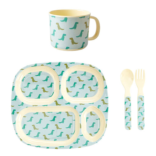 Baby set dino, melamine, RICE, Kraamcadeautje, Dino's, babyset, wonderzolder.nl