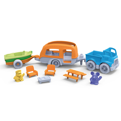 Caravan set, Toy Camper Van, Green Toys, duurzaam, stevig, vrolijk, buiten speelgoed, kamperen, wonderzolder.nl