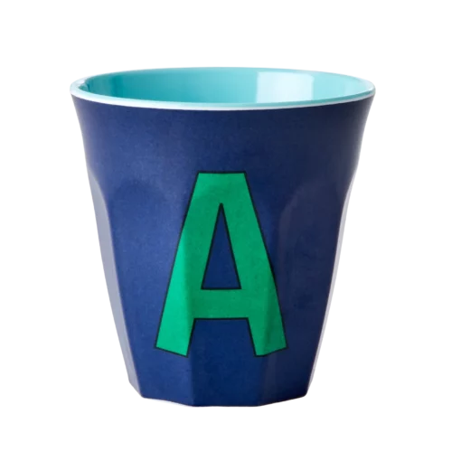 RICE melamine cup medium letter A blauw, letterbeker, letter beker, RICE, beker alfabet, alfabet, wonderzolder.nl