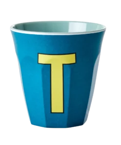 RICE melamine cup medium letter T blauw, letterbeker, letter beker, RICE, beker alfabet, alfabet, wonderzolder.nl