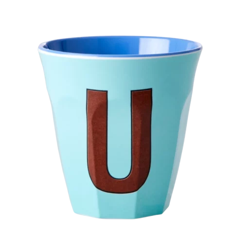 RICE melamine cup medium letter U blauw, letterbeker, letter beker, RICE, beker alfabet, alfabet, wonderzolder.nl