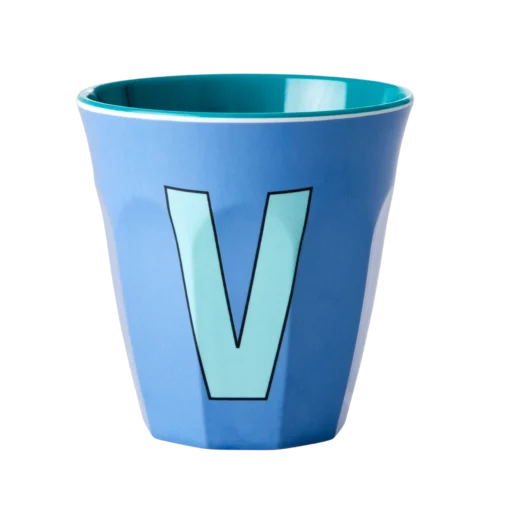 RICE melamine cup medium letter V blauw, letterbeker, letter beker, RICE, beker alfabet, alfabet, wonderzolder.nl