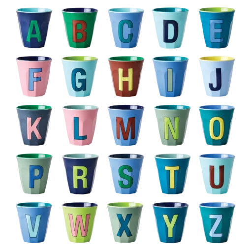 RICE melamine cup medium alfabet blauw, letterbeker, letter beker, RICE, beker alfabet, alfabet, wonderzolder.nl