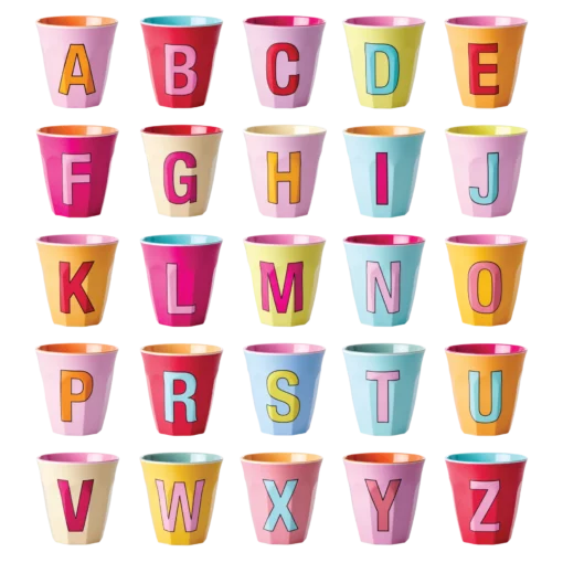 RICE melamine cup medium alfabet rood, letterbeker, letter beker, RICE, beker alfabet, alfabet, wonderzolder.nl