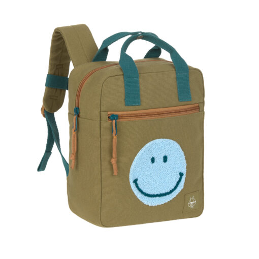 Lässig rugzak little one and me square gots olive, rugzak, kinderrugzak, rugtas, schooltas, smile, smiley, olive, groen, Lässig, wonderzolder.nl