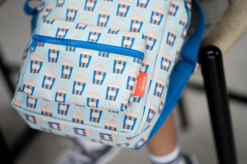 Engelpunt rugtas popcorn paradise, rugtas, rugzak, jongens, basisschool, popcorn, paradise, blauw, oranje, engelpunt, engel., wonderzolder.nl