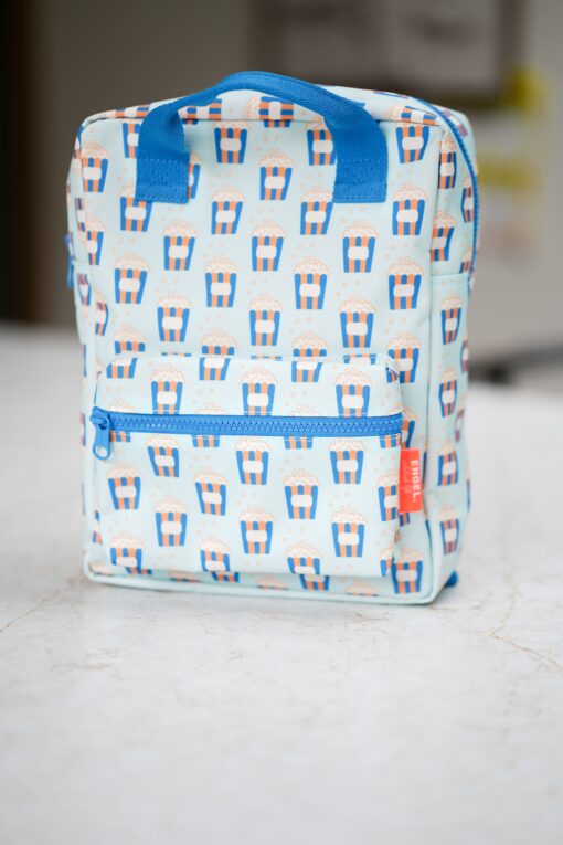 Engelpunt rugtas popcorn paradise, rugtas, rugzak, jongens, basisschool, popcorn, paradise, blauw, oranje, engelpunt, engel., wonderzolder.nl