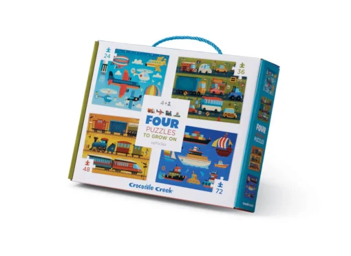 Crocodile Creek 4 in 1 puzzel voertuigen, 4 puzzels, vloerpuzzel, legpuzzel, voertuigen, crocodile creek, wonderzolder.nl