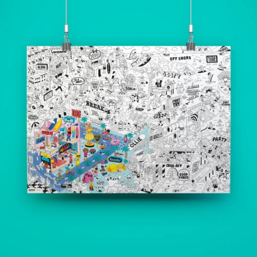 OMY kleurposter surf en skate, kleurposter, kleurplaat, kleuren, knutselen, kleurboek, surfen, skate, creatief speelgoed, omy, wonderzolder.nl