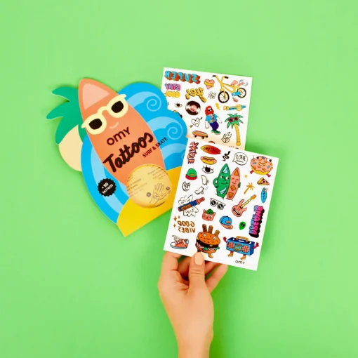 OMY tattoos surf en skate, tattoos, surfen, skate, plakstickers, omy, wonderzolder.nl