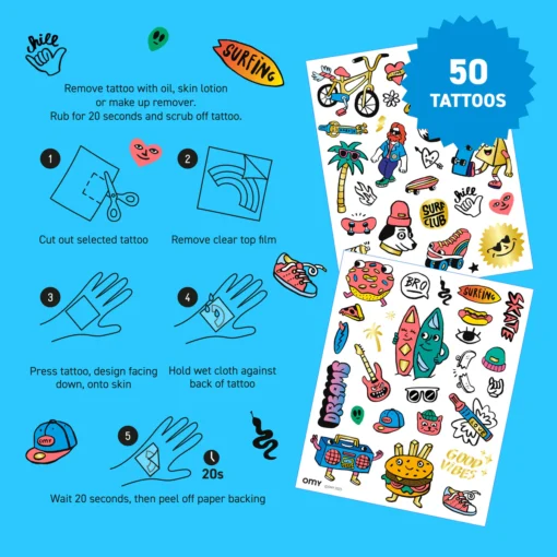 OMY tattoos surf en skate, tattoos, surfen, skate, plakstickers, omy, wonderzolder.nl