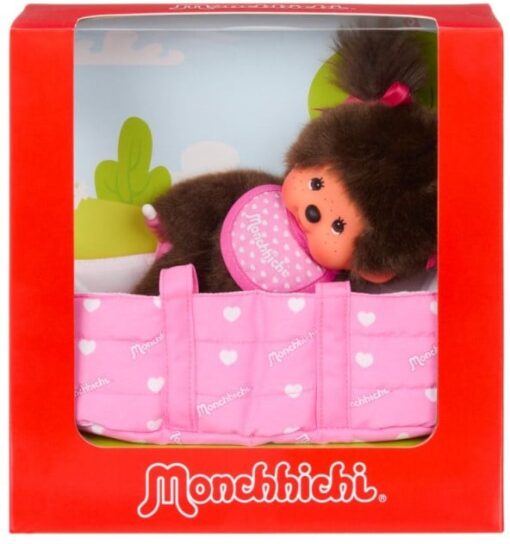 Monchhichi meisje in draagmand, knuffel, knuffelpop, draagmand, meisje, monchhichi, wonderzolder.nl