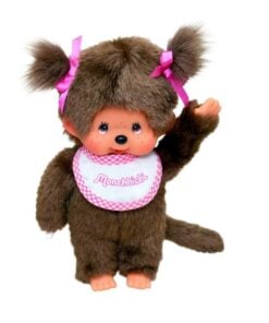 Monchhichi meisje met slab roze, knuffel. knuffelpop, aapje, pop, roze, meisje, monchhichi, wonderzolder.nl