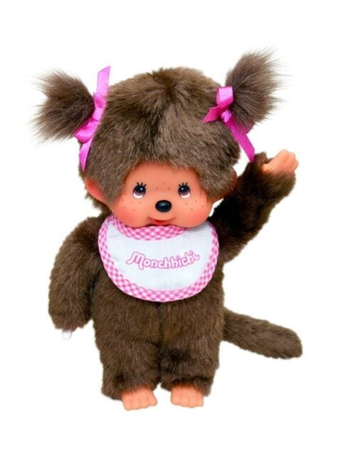Monchhichi meisje met slab roze, knuffel. knuffelpop, aapje, pop, roze, meisje, monchhichi, wonderzolder.nl