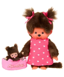 Monchhichi met mini in draagmand, meisje, knuffelpop, knuffel, Bebichhichi, monchhichi, wonderzolder.nl
