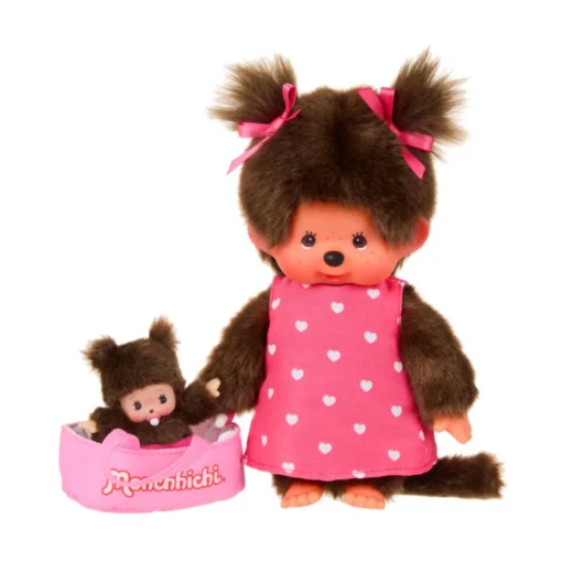 Monchhichi met mini in draagmand, meisje, knuffelpop, knuffel, Bebichhichi, monchhichi, wonderzolder.nl