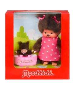Monchhichi met mini in draagmand, meisje, knuffelpop, knuffel, Bebichhichi, monchhichi, wonderzolder.nl