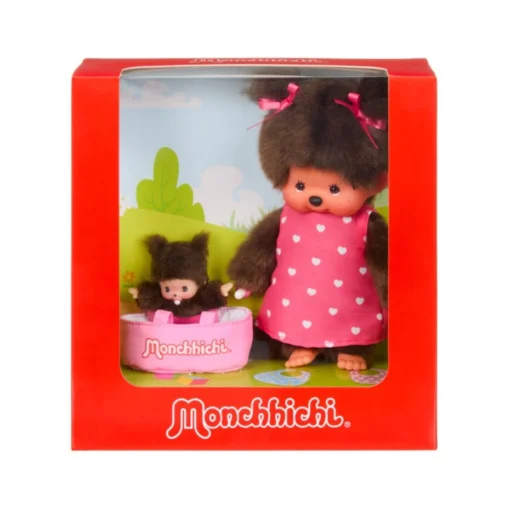 Monchhichi met mini in draagmand, meisje, knuffelpop, knuffel, Bebichhichi, monchhichi, wonderzolder.nl