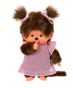Monchhichi roze glitterjurk, pop, aapje, roze, pink, glitterjurk, knuffelpop, knuffel, monchhichi, wonderzolder.nl