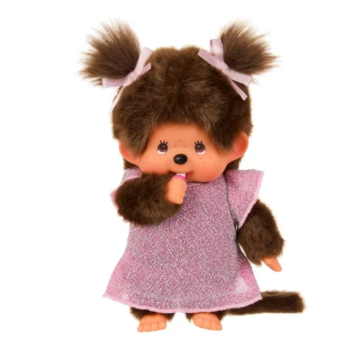 Monchhichi roze glitterjurk, pop, aapje, roze, pink, glitterjurk, knuffelpop, knuffel, monchhichi, wonderzolder.nl