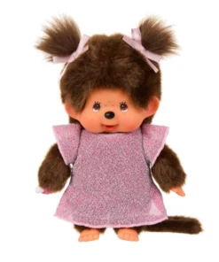 Monchhichi roze glitterjurk, pop, aapje, roze, pink, glitterjurk, knuffelpop, knuffel, monchhichi, wonderzolder.nl