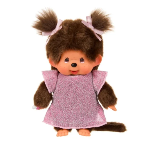 Monchhichi roze glitterjurk, pop, aapje, roze, pink, glitterjurk, knuffelpop, knuffel, monchhichi, wonderzolder.nl