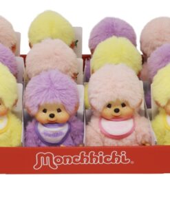 Monchhichi met slab, 15cm, paars, geel, roze, monchhichi, aapje, knuffel, wonderzolder.nl