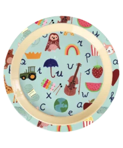RICE kinderbord ABC Blue, kinderbord, melamine, kinderservies, lunchbord, ABC blue, blauw, ABC, rice, wonderzolder.nl