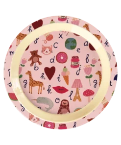 RICE kinderbord ABC Pink, kinderbord, melamine, kinderservies, lunchbord, ABC pink, roze, ABC, rice, wonderzolder.nl