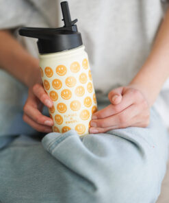 ENGEL. RVS Drinkfles smiley, thermos, RVS drinkbeker, smiley, geel, drinkbeker, backtoschool, engelpunt, wonderzolder.nl