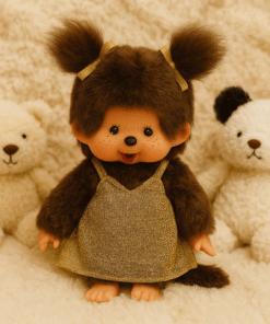 Monchhichi meisje gouden glitterjurk, knuffel, aapje, monchhichi, japan, glitterjurk, goud, wonderzolder.nl