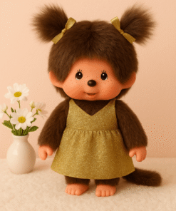 Monchhichi meisje gouden glitterjurk, knuffel, aapje, monchhichi, japan, glitterjurk, goud, wonderzolder.nl
