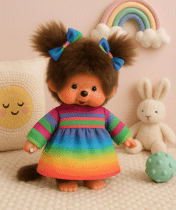 Monchhichi meisje regenboogjurk, aapje, knuffel, regenboog, jurk, speelgoed, japan, monchhichi, wonderzolder.nl