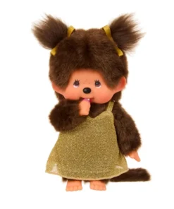 Monchhichi meisje gouden glitterjurk, knuffel, aapje, monchhichi, japan, glitterjurk, goud, wonderzolder.nl