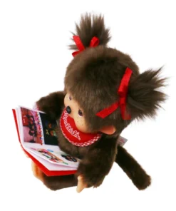 Monchhichi meisje met boek, knuffel, aapje, japan, boek, monchhichi, wonderzolder.nl