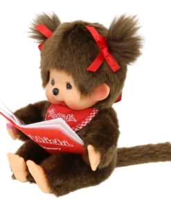 Monchhichi meisje met boek, knuffel, aapje, japan, boek, monchhichi, wonderzolder.nl