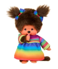 Monchhichi meisje regenboogjurk, aapje, knuffel, regenboog, jurk, speelgoed, japan, monchhichi, wonderzolder.nl