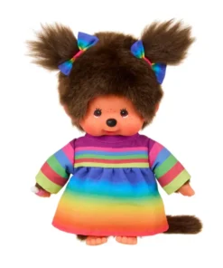 Monchhichi meisje regenboogjurk, aapje, knuffel, regenboog, jurk, speelgoed, japan, monchhichi, wonderzolder.nl
