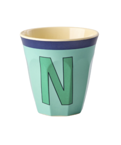 RICE beker letter N blauw vintage, melamine, kinderbeker, letterbeker, blauw, vintage, rice, wonderzolder.nl