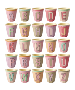 RICE beker letter roze vintage, melamine, kinderbeker, letterbeker, roze, rice, wonderzolder.nl